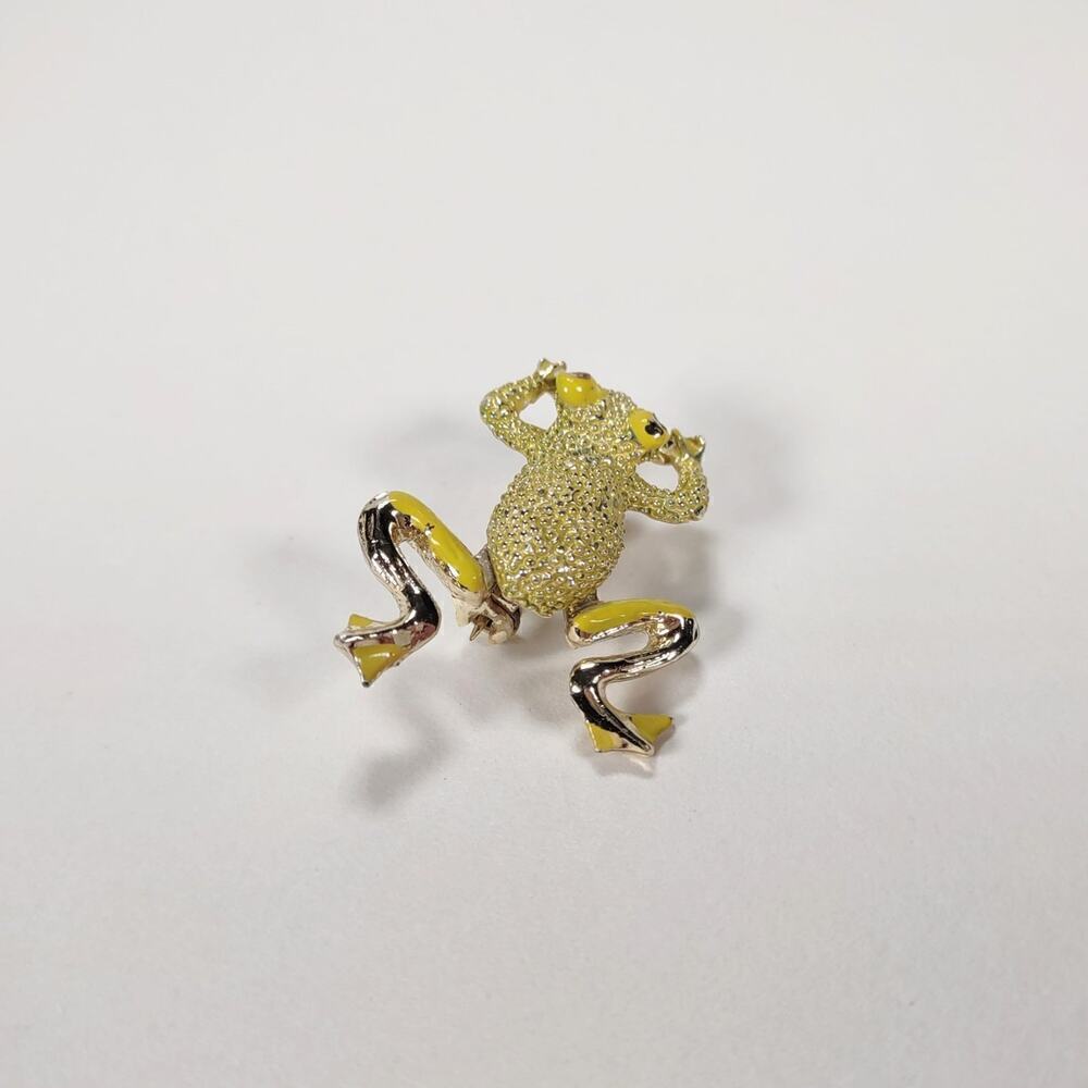 Vintage 1970's Wiggly Leg Yellow Rhinestone And Enamel Frog Brooch - Picture 2 of 6